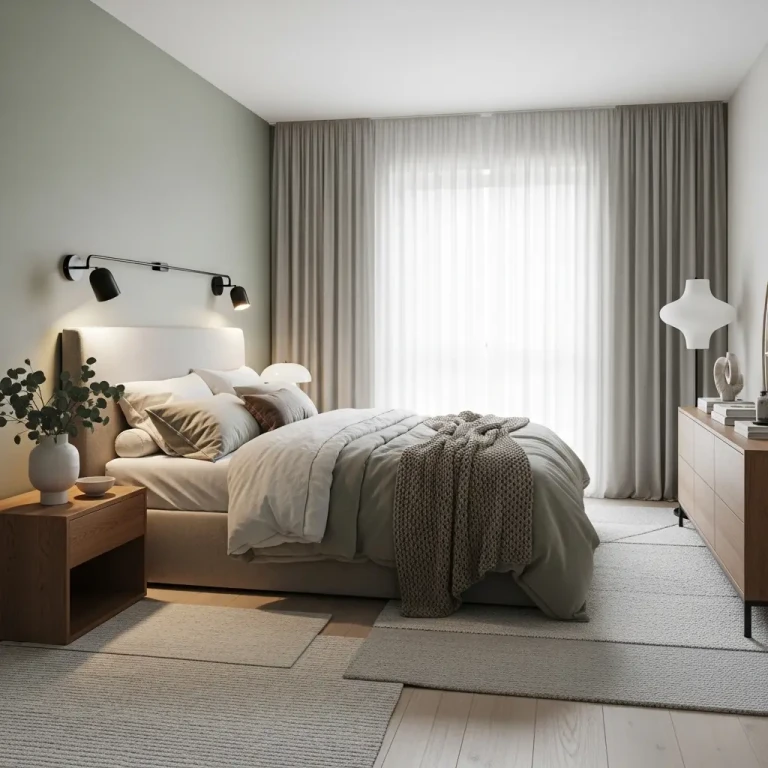 Soft neutrals bedroom design for 2026 featuring sage tones, layered linen bedding, warm wooden accents, and soft natural light.