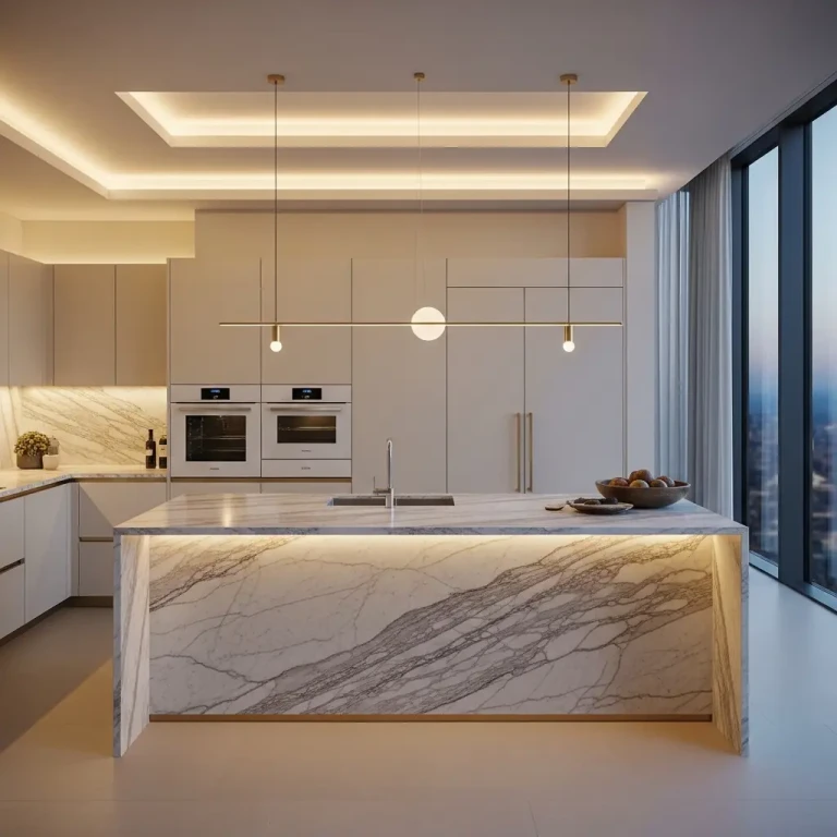 Luxury kitchens ideas for 2026 featuring a marble waterfall island, sleek handleless cabinets, warm ambient lighting, and modern elegant finishes.