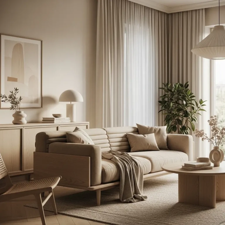Cozy Minimalist Interior in 2026 featuring warm neutral tones, layered cushions, light wood furniture, and soft natural lighting.