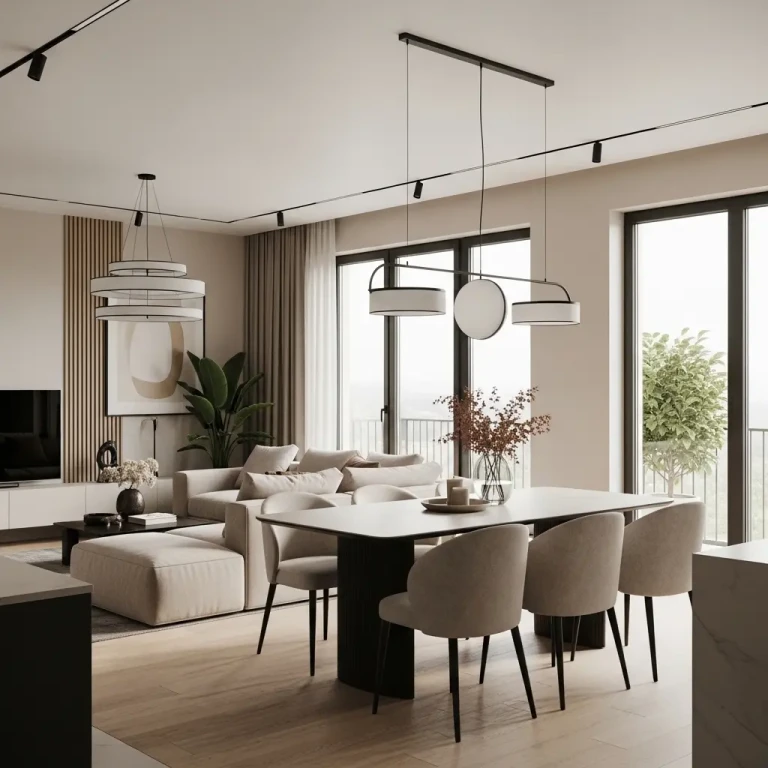 Contemporary Living Dining Spaces in 2026 featuring an open-concept layout with a modern sofa, sleek dining table, warm lighting, and neutral tones.