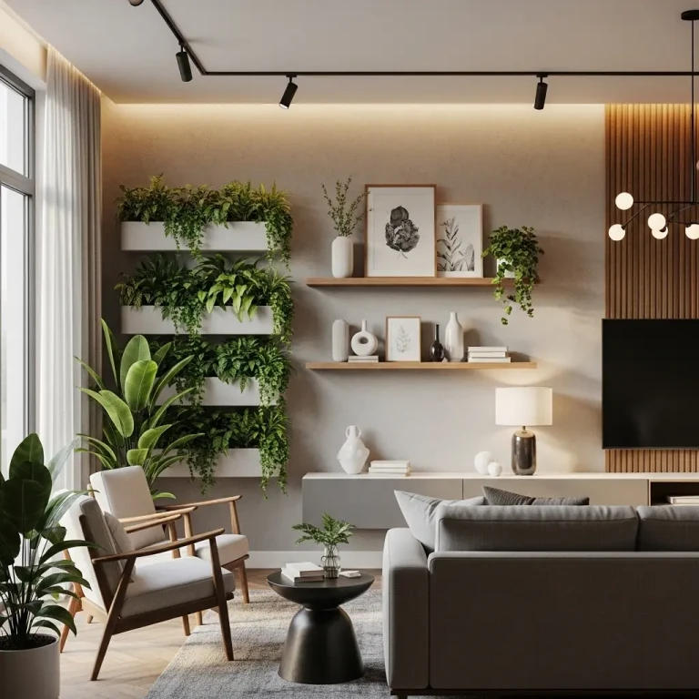 Indoor Plant Decor featured in a modern 2026 living room with vertical greenery, floating shelves, framed wall art, and warm natural lighting.