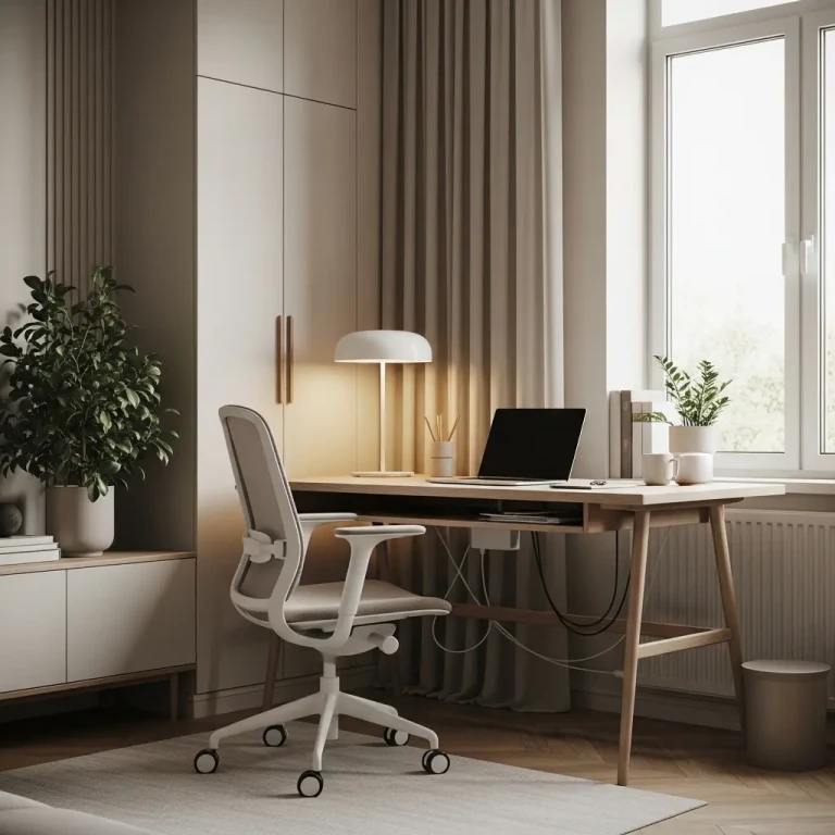 Minimalist Workspaces Design in 2026 featuring a clean home office setup with a sleek desk, ergonomic chair, indoor plant, and soft natural lighting.