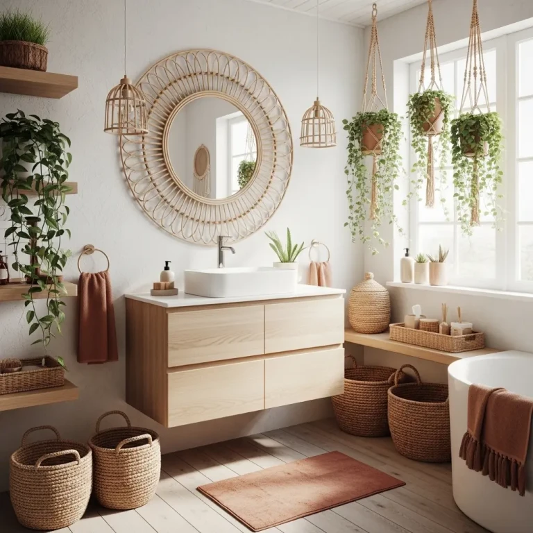 Bathroom Ideas for 2026 featuring a fresh boho-style space with a wooden vanity, rattan mirror, indoor plants, and warm natural lighting.