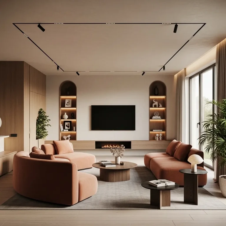 2026 home interior trends showcased in a modern living room with curved furniture, warm lighting, sustainable materials, and smart home features