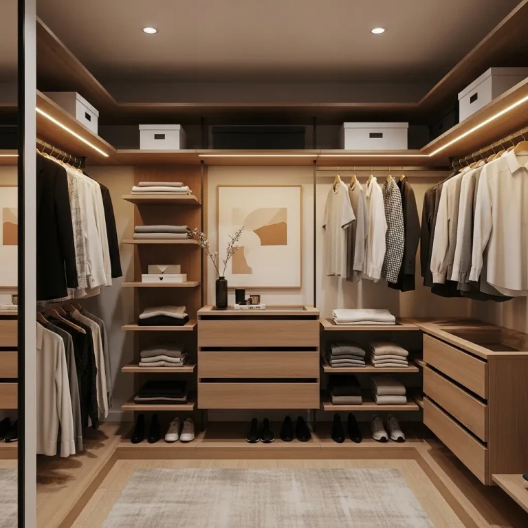 A modern walk-in closet makeover showing stylish closet makeover ideas with organized shelving, warm lighting, and a clean contemporary design.