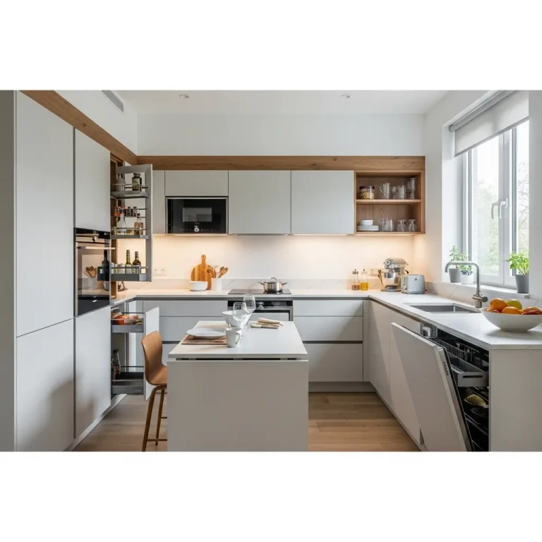 Small kitchen ideas for 2026 featuring a compact layout with smart storage solutions, sleek cabinets, and bright natural lighting.