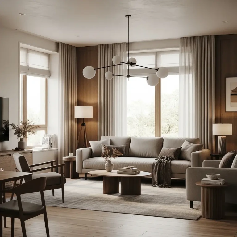 A modern living room designed as stylish living spaces for 2026, featuring warm neutral tones, natural light, comfortable furniture, and a calm contemporary interior.