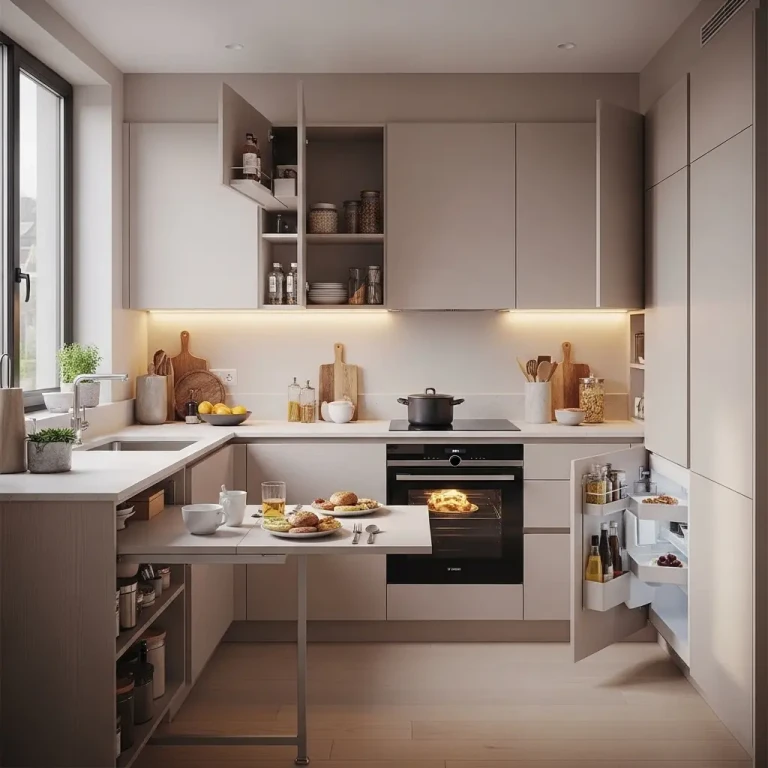 Kitchen Design Trends in 2026 highlighting a smart compact kitchen with sleek cabinets, built-in appliances, hidden storage, and warm ambient lighting.