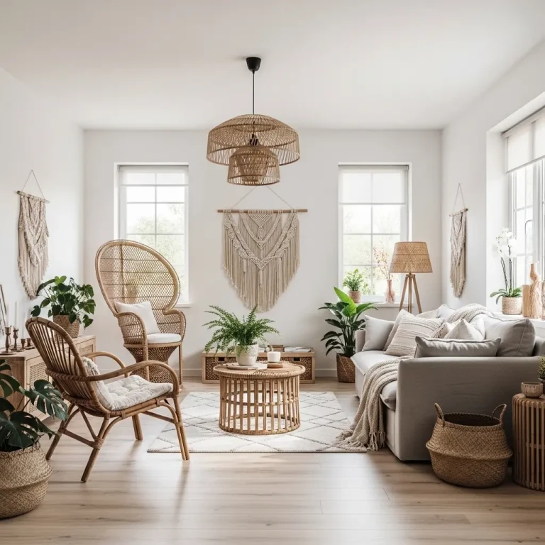 Boho Home Inspirations in 2026 featuring a bright Scandinavian-style living room with rattan decor, indoor plants, neutral tones, and soft natural lighting.