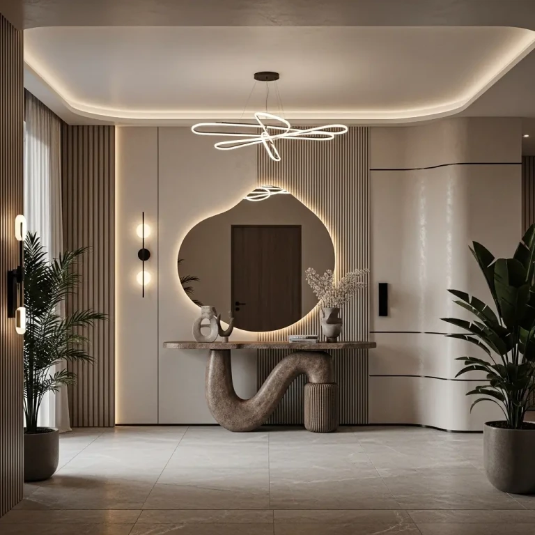 Modern entryway foyer decor ideas for 2026 featuring a sleek console table, statement mirror, warm lighting, and minimalist design accents