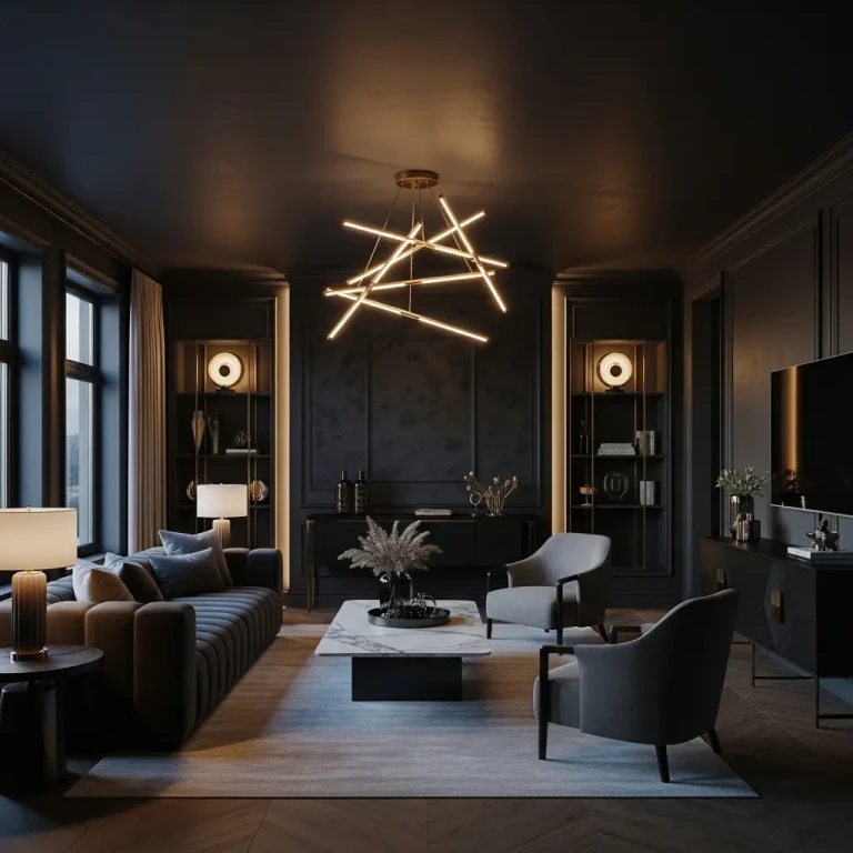 Dark sophisticated home interior for 2026 featuring deep charcoal walls, elegant furniture, warm lighting, and a modern luxury design