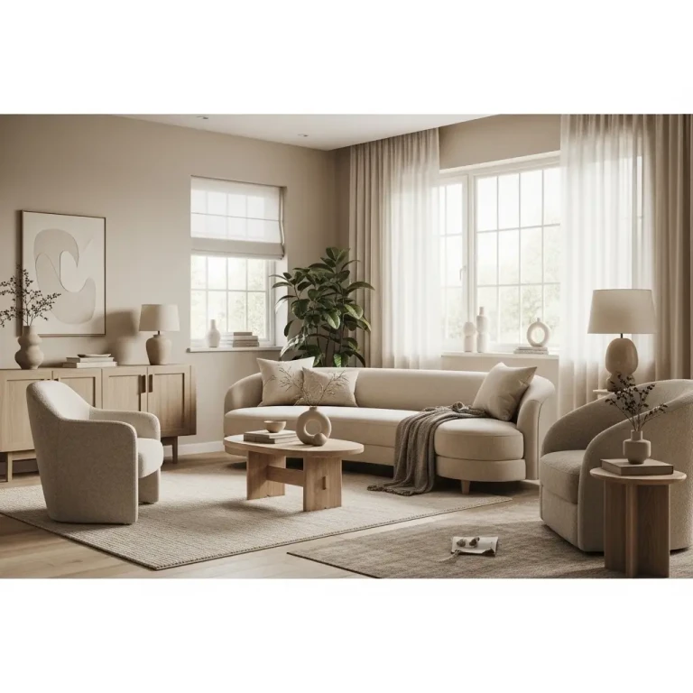 Neutral home aesthetic for 2026 featuring a modern living room with beige tones, soft textures, and warm ambient lighting