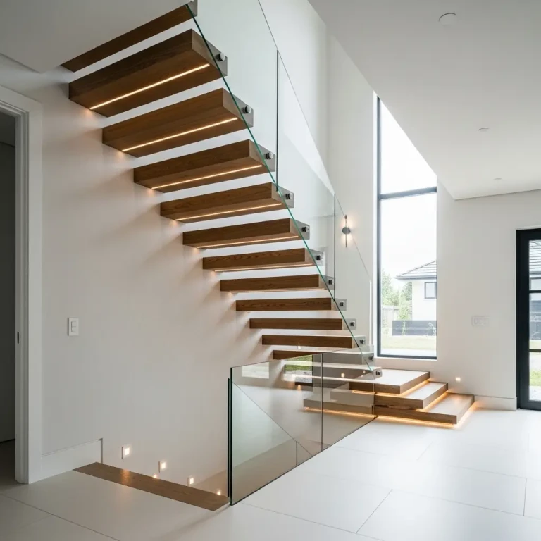 Stylish stair design ideas for 2026 featuring a modern floating staircase with wooden steps, glass railing, and warm LED lighting