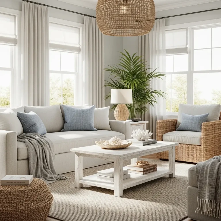 Coastal home decor trends for 2026 showcased in a bright living room with soft blue accents, woven textures, and airy beach-inspired styling
