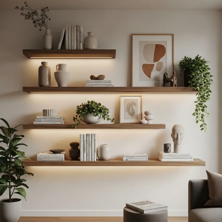 Floating shelf styling for 2026 featuring modern wall decor with wooden shelves, books, plants, and decorative accessories