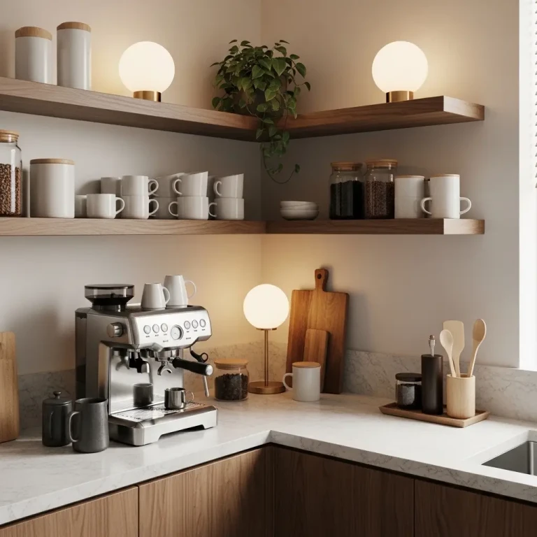 Coffee bar ideas for 2026 featuring a stylish home coffee station with espresso machine, wooden shelves, and neatly arranged mugs
