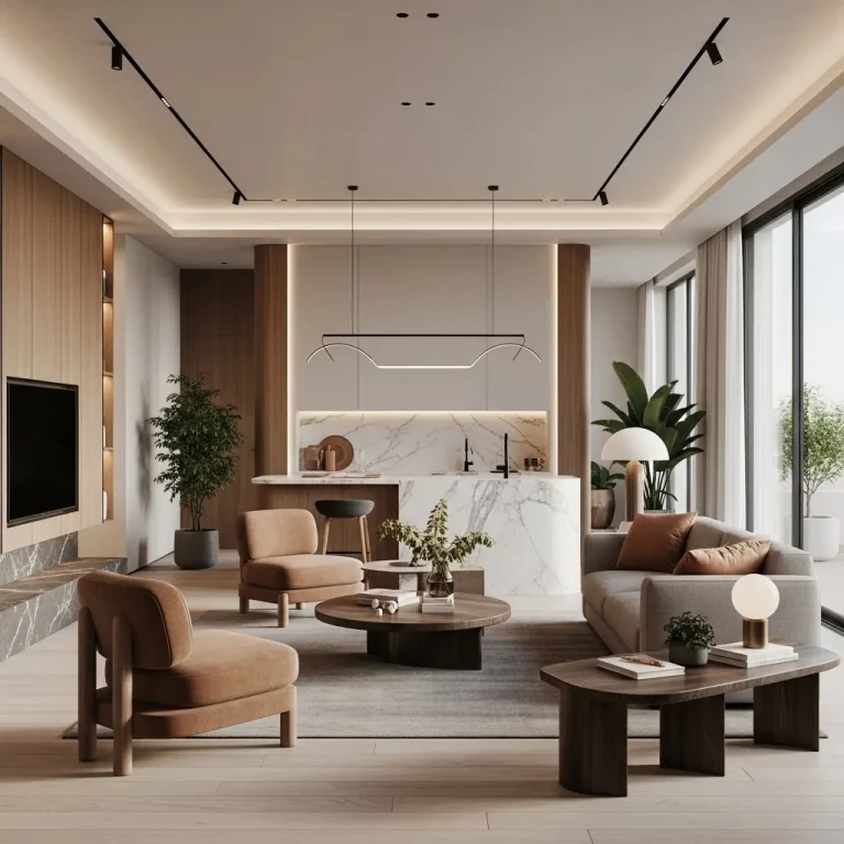 Interior design trends for 2026 showcased in a modern living room with curved furniture, natural materials, and warm ambient lighting