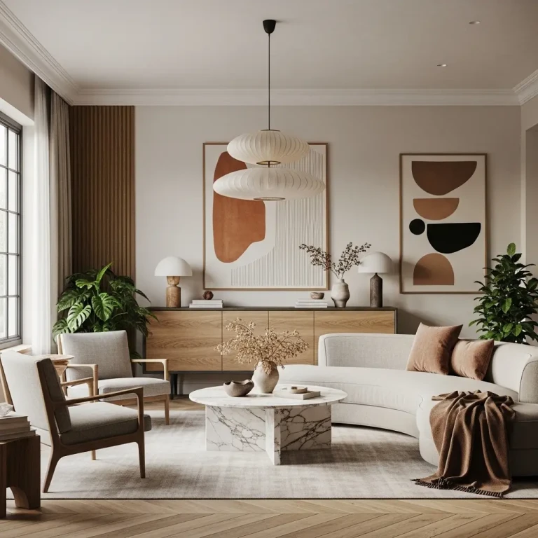 Home decor trends for 2026 showcased in a stylish modern living room with neutral tones, layered textures, and contemporary furniture