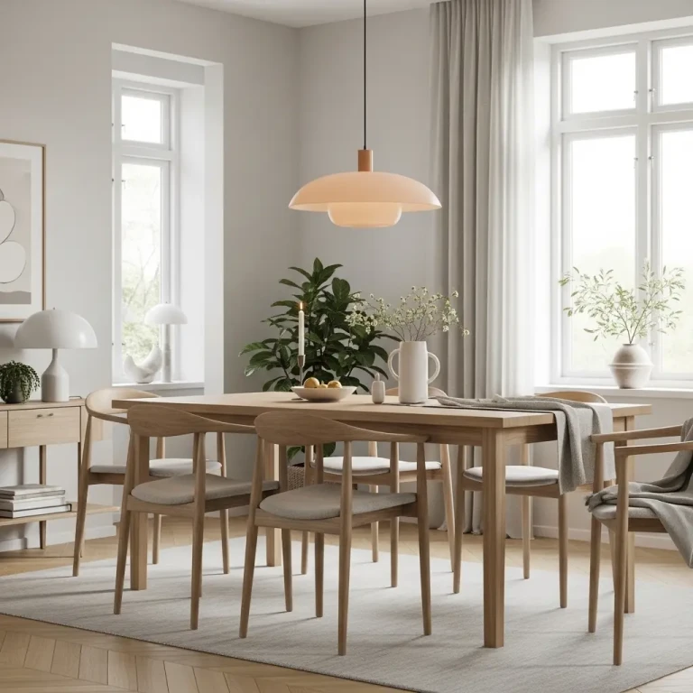 Dining room ideas for 2026 featuring a minimalist wooden table, neutral tones, and warm pendant lighting in a modern interior