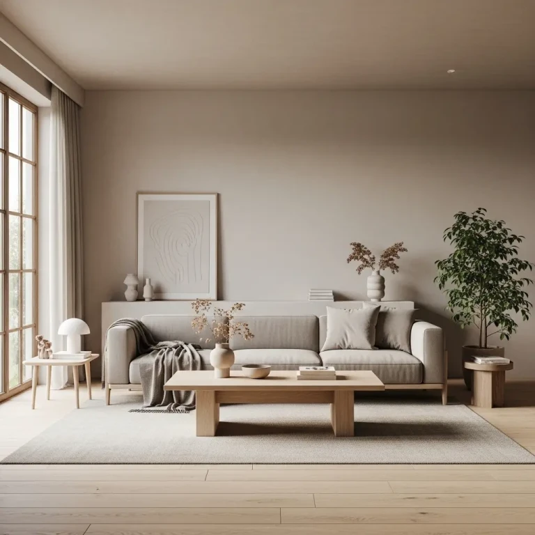 Minimal living room aesthetic for 2026 featuring a neutral sofa, light wood furniture, soft natural lighting, and a clean uncluttered design