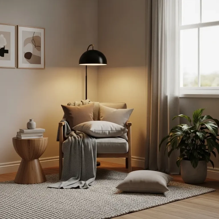 Cozy reading nooks for 2026 featuring a comfortable armchair, warm lighting, soft cushions, and a peaceful corner setup