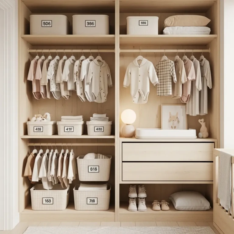Baby closet goals for 2026 featuring a neatly organized nursery wardrobe with hanging baby clothes, storage baskets, and soft neutral tones