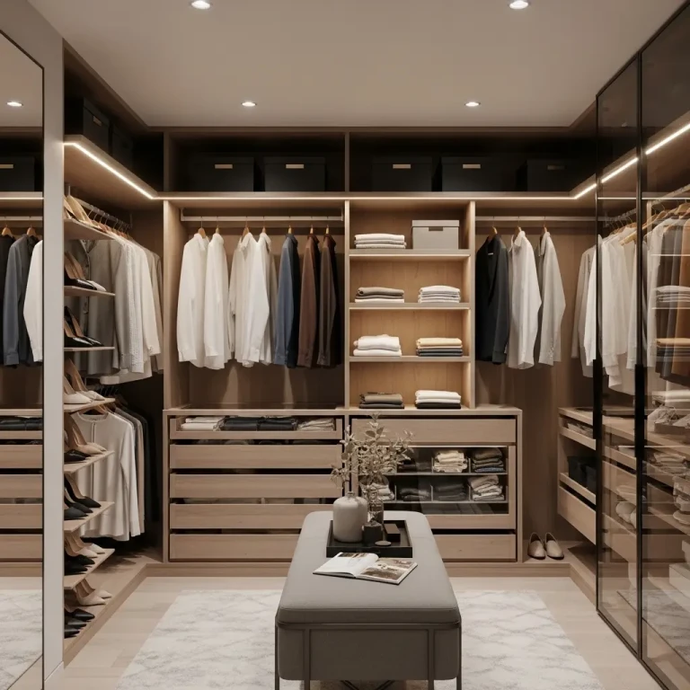 Closet design for 2026 featuring built-in shelves, organized clothing storage, and modern LED lighting in a stylish walk-in wardrobe