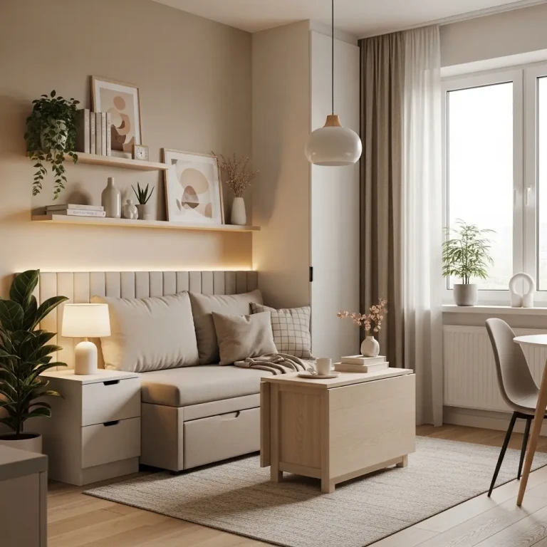 Home decor for small spaces featuring a compact living room with multifunctional furniture, wall shelves, and cozy modern styling