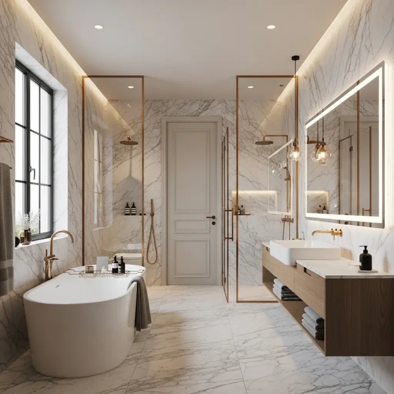 Luxury bathroom designs for 2026 featuring a freestanding bathtub, marble finishes, glass shower, and warm ambient lighting