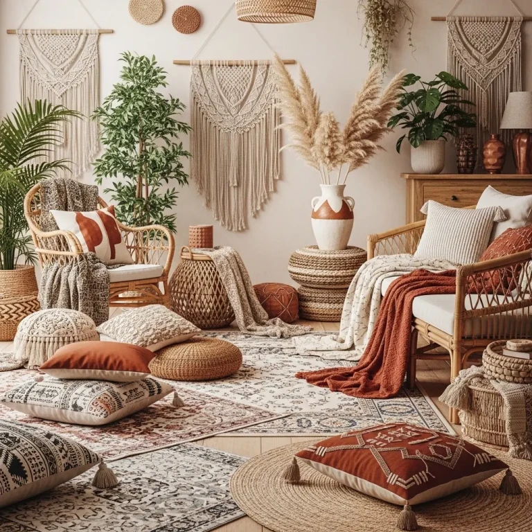 Boho chic interior for 2026 featuring a cozy living room with rattan furniture, layered rugs, indoor plants, and warm earthy tones