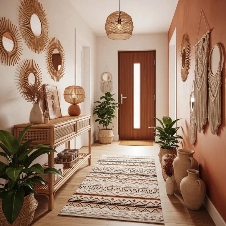Boho hallway decor ideas for 2026 featuring a rattan console table, woven wall hangings, indoor plants, and warm earthy tones