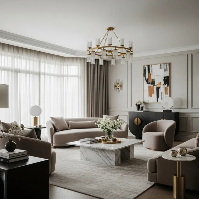 Luxury home interior ideas for 2026 featuring an elegant living room with marble accents, plush seating, and warm ambient lighting