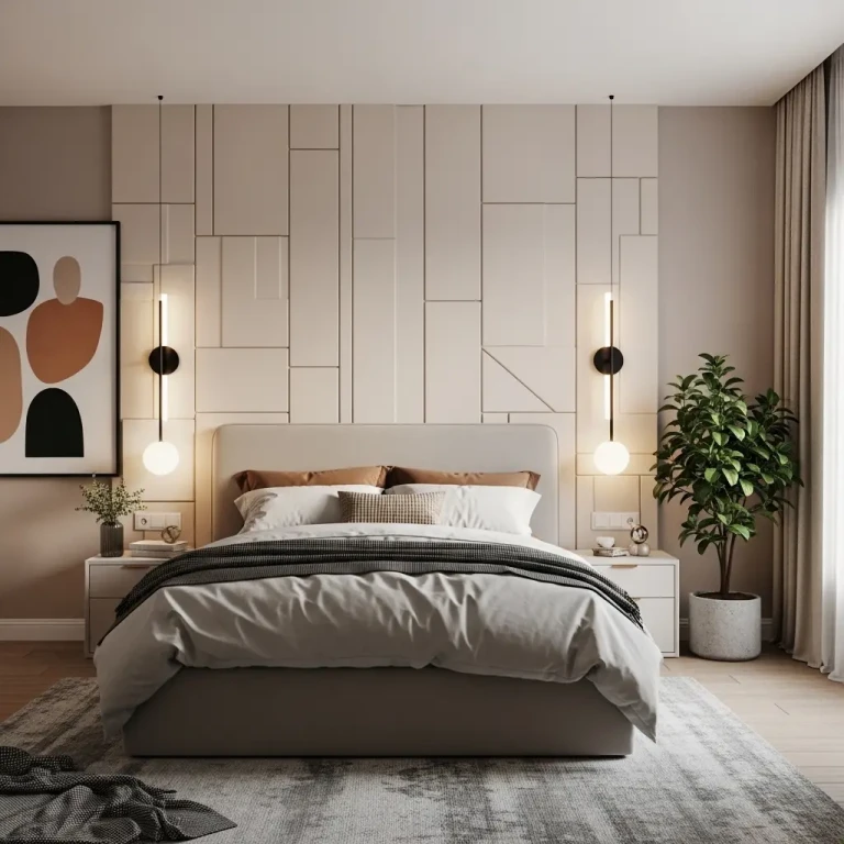 Bedroom wall design ideas for 2026 featuring a modern accent wall with textured panels, warm lighting, and stylish decor