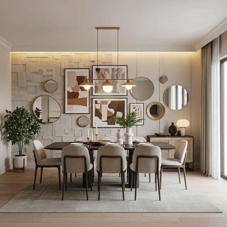 Dining room wall decor ideas for 2026 featuring a stylish gallery wall, modern dining table, and warm ambient lighting