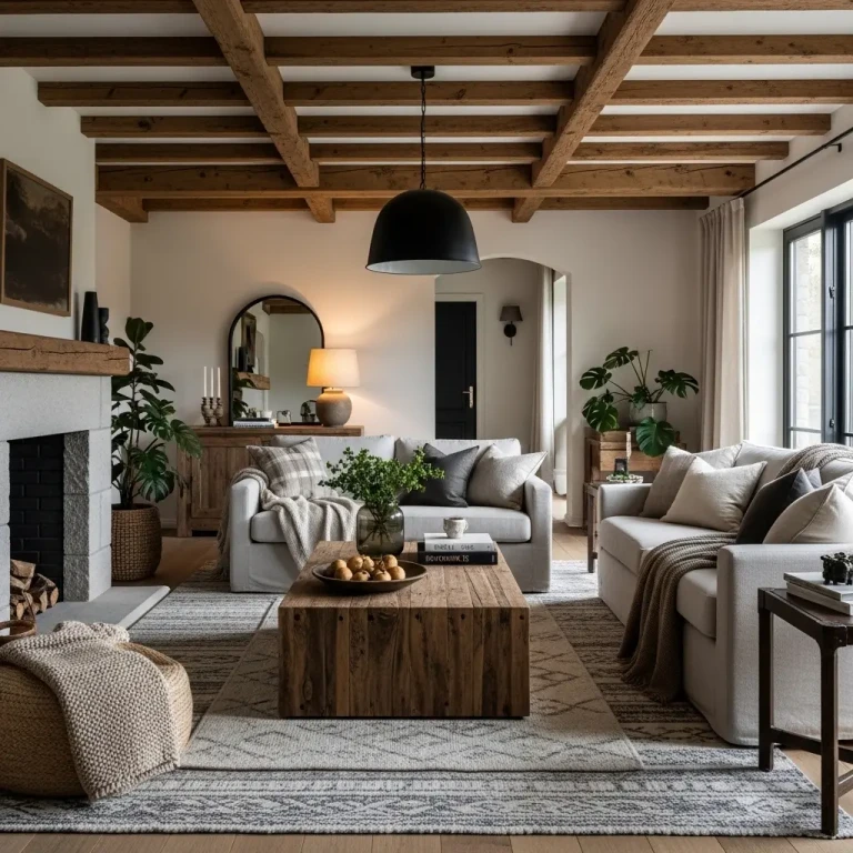 Rustic chic home decor in a 2026 living room featuring exposed wooden beams, neutral tones, and a cozy farmhouse-modern blend