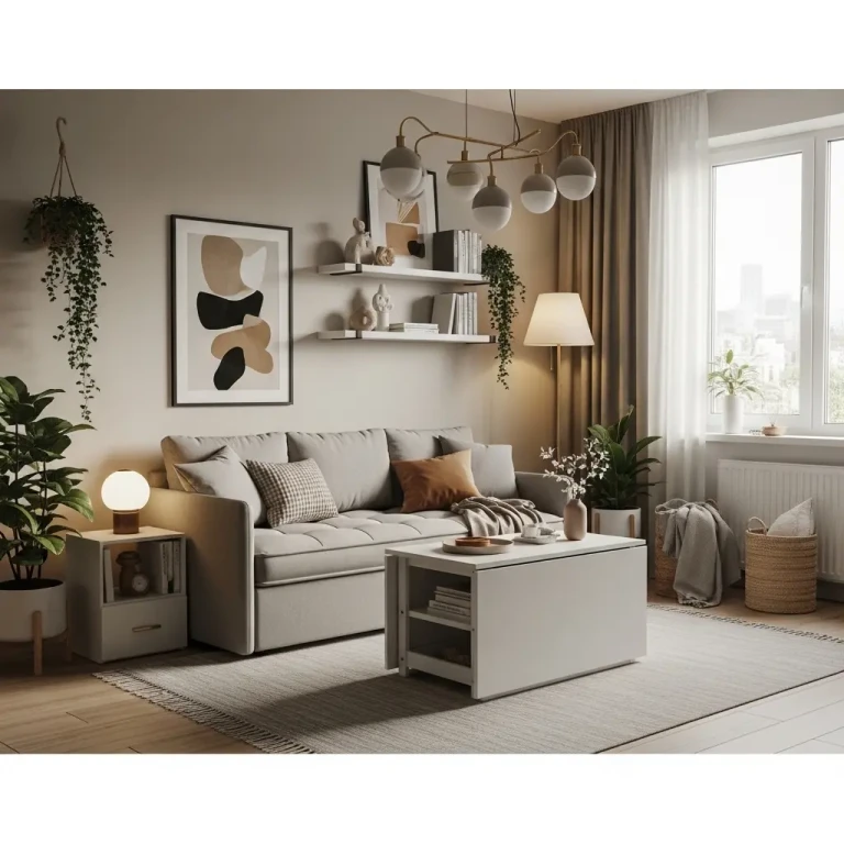 Apartment makeover ideas for 2026 featuring a stylish small living space with multifunctional furniture, neutral tones, and modern decor