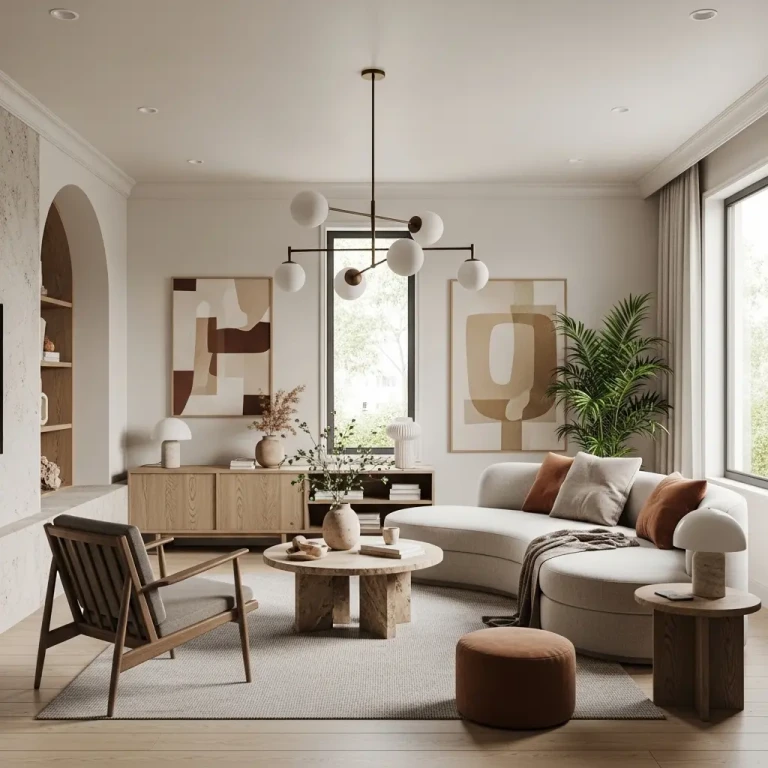 Modern home decor ideas for 2026 featuring a stylish living room with neutral tones, layered textures, and contemporary furniture
