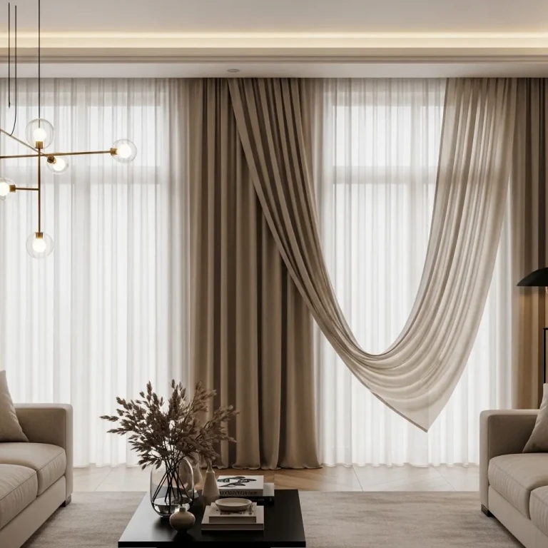 Curtain drapery ideas for 2026 featuring elegant floor-to-ceiling sheer curtains with soft linen layers and a modern neutral interior