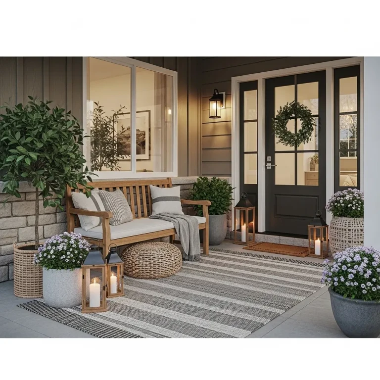 Porch decor ideas for 2026 featuring a cozy front porch with wooden seating, potted plants, layered rugs, and warm lighting