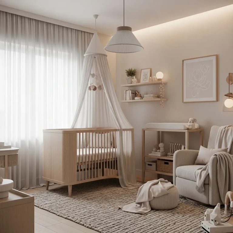 Dreamy nursery ideas for 2026 featuring a soft neutral baby room with a wooden crib, warm lighting, and timeless decor accents