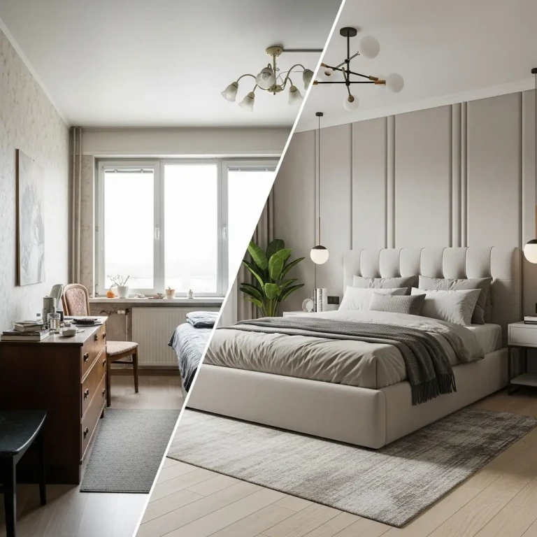 Before after bedroom transformation for 2026 showing a dramatic makeover from an outdated bedroom to a modern cozy space