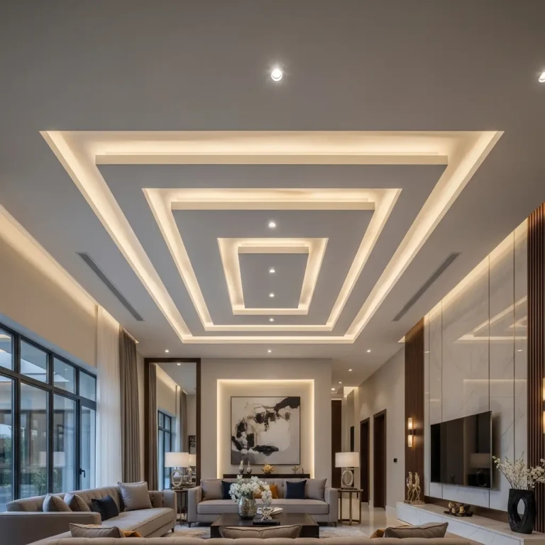 Ceiling design ideas for 2026 featuring a modern living room with layered ceiling panels, recessed LED lighting, and elegant decor