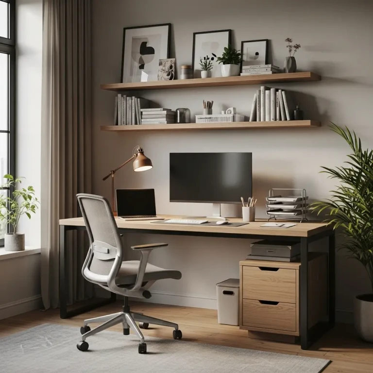 Workspace office decor for 2026 featuring a stylish desk setup with laptop, warm lighting, indoor plant, and organized workspace accessories