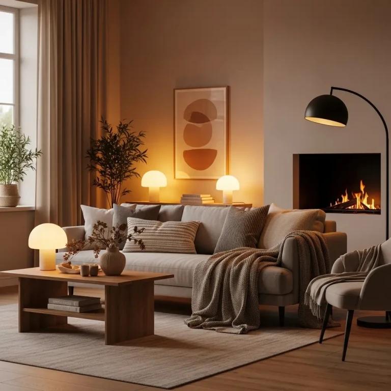 Cozy living room ideas for 2026 featuring a warm neutral sofa, layered textures, soft lighting, and inviting modern decor