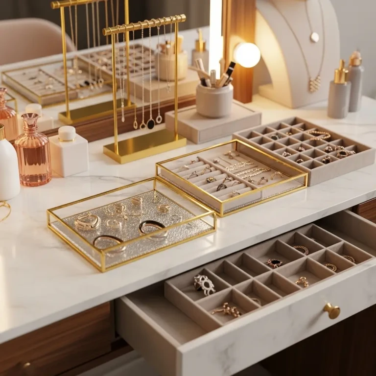Jewelry organization ideas for 2026 featuring elegant trays, ring holders, and necklace stands on a stylish vanity table