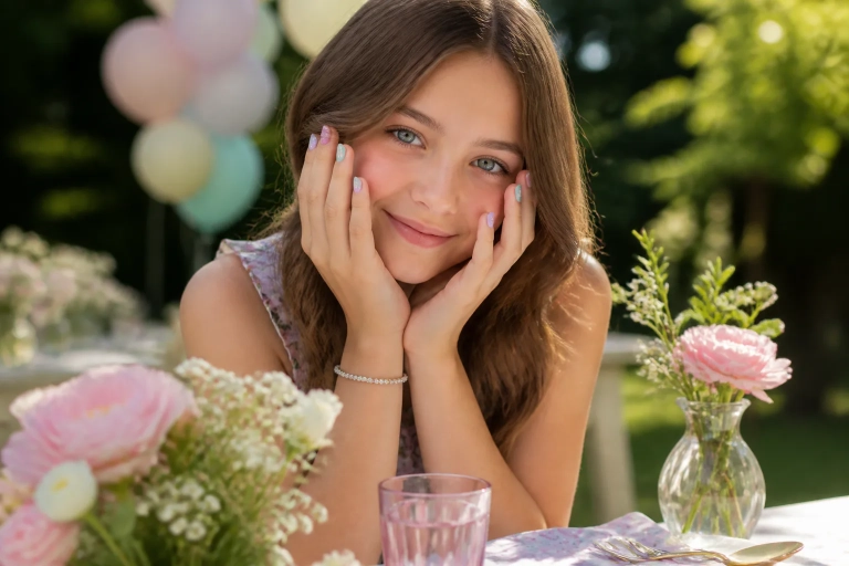 Girl at outdoor party table with flowers