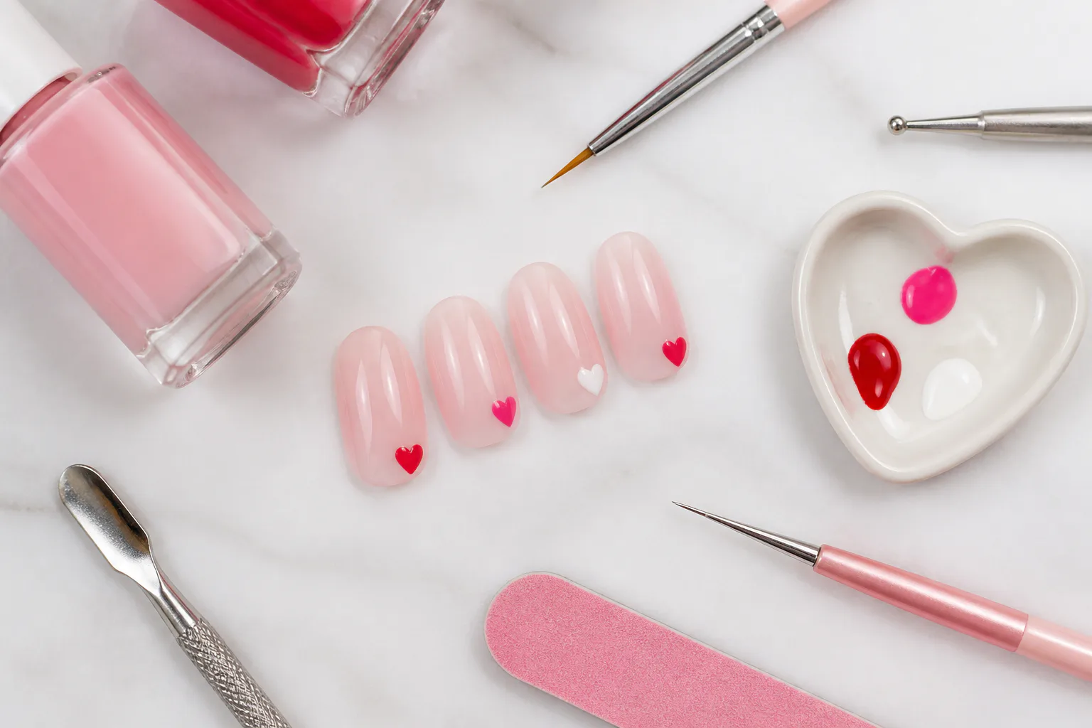Cute Nail Ideas for 11-Year-Olds: Simple, Short & Fun 5 Pink heart nail art tools flat lay