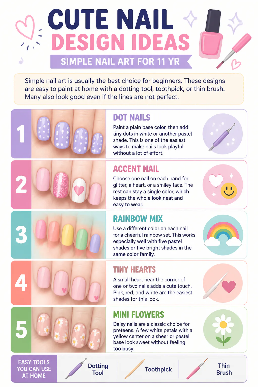 Cute Nail Ideas for 11-Year-Olds: Simple, Short & Fun 7 Cute nail design ideas infographic