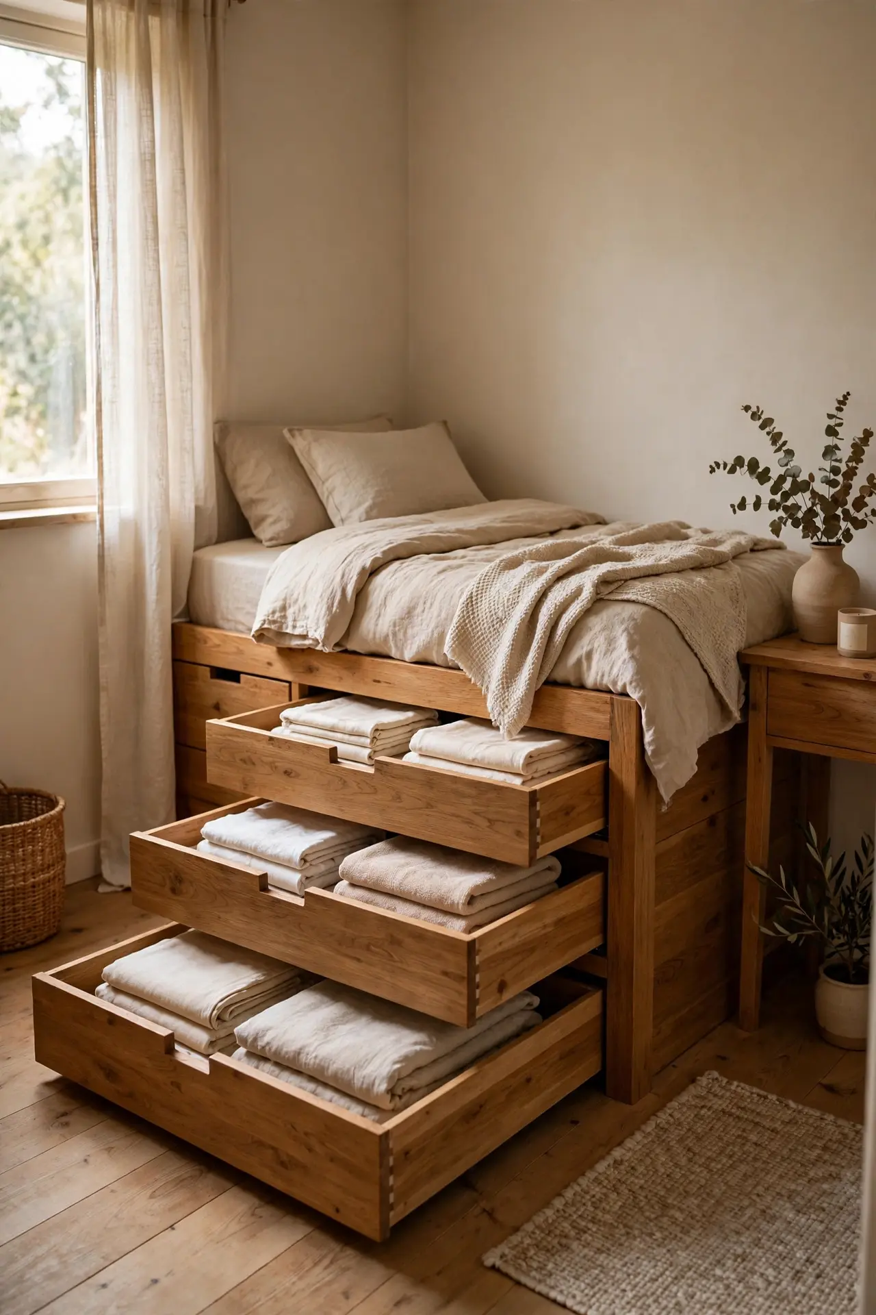 Storage bed with built-in drawers in a small bedroom