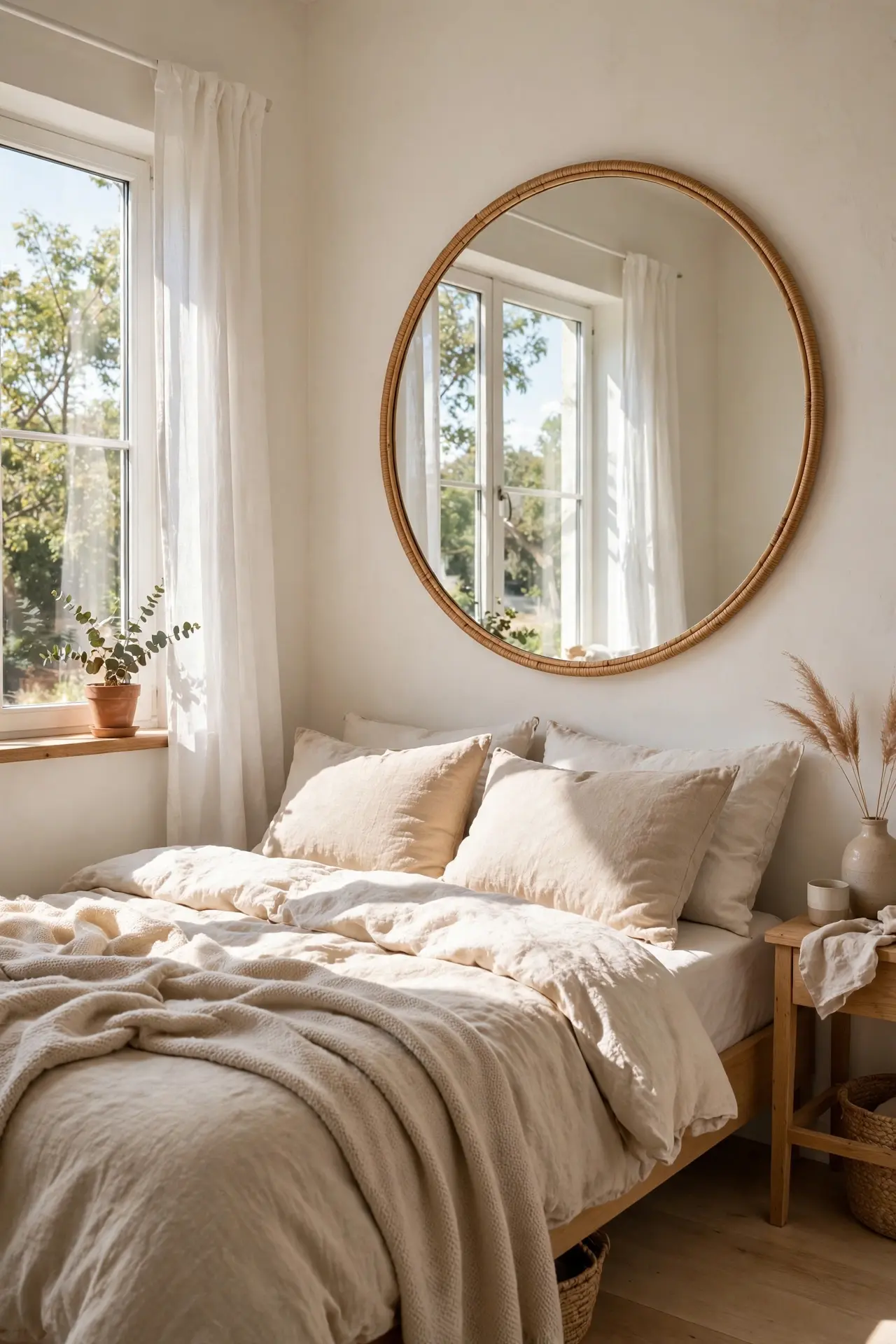 Large mirror opposite a window making a small bedroom look bigger